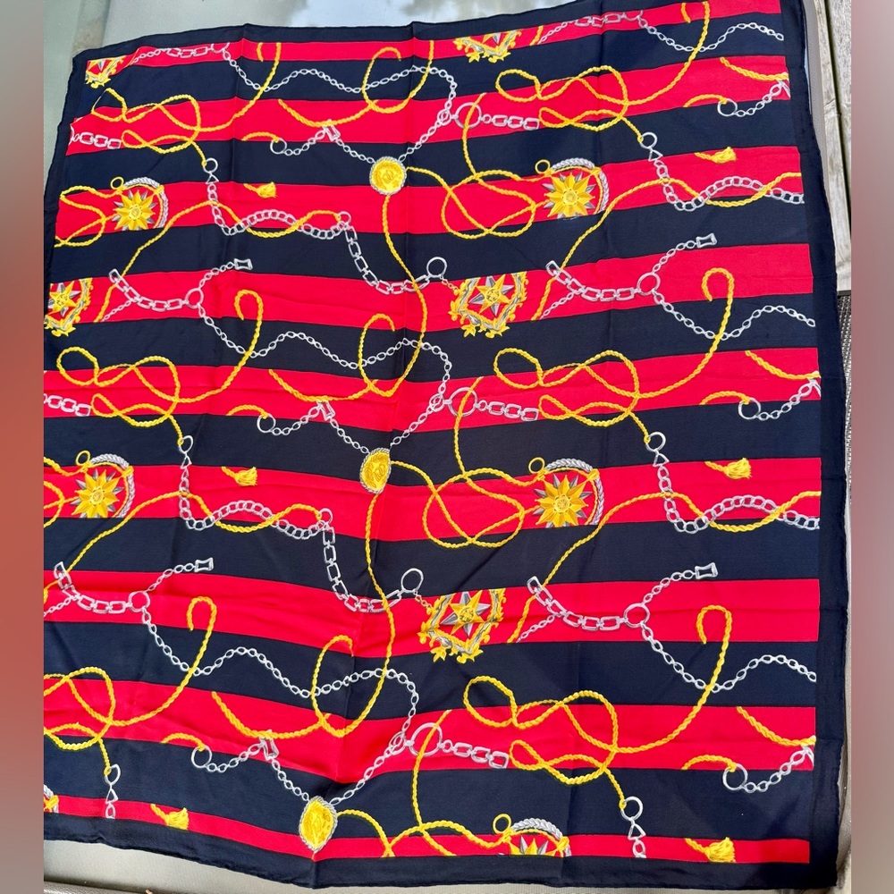 100% Silk Red and Navy Chain Pattern Scarf, 29x32”
